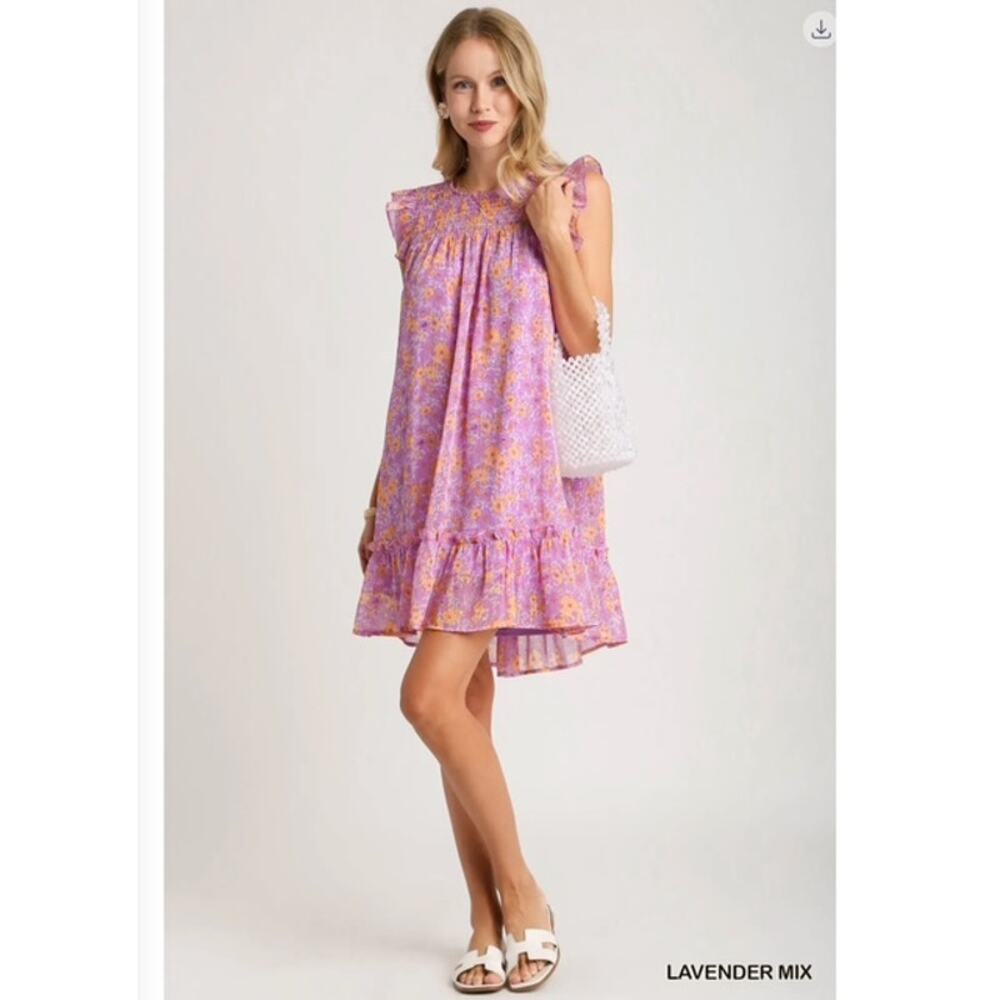 UMGEE - FLORAL METALLIC FLUTTER SLEEVE SRESS W/SMOCKED DETAIL / LINING - Small